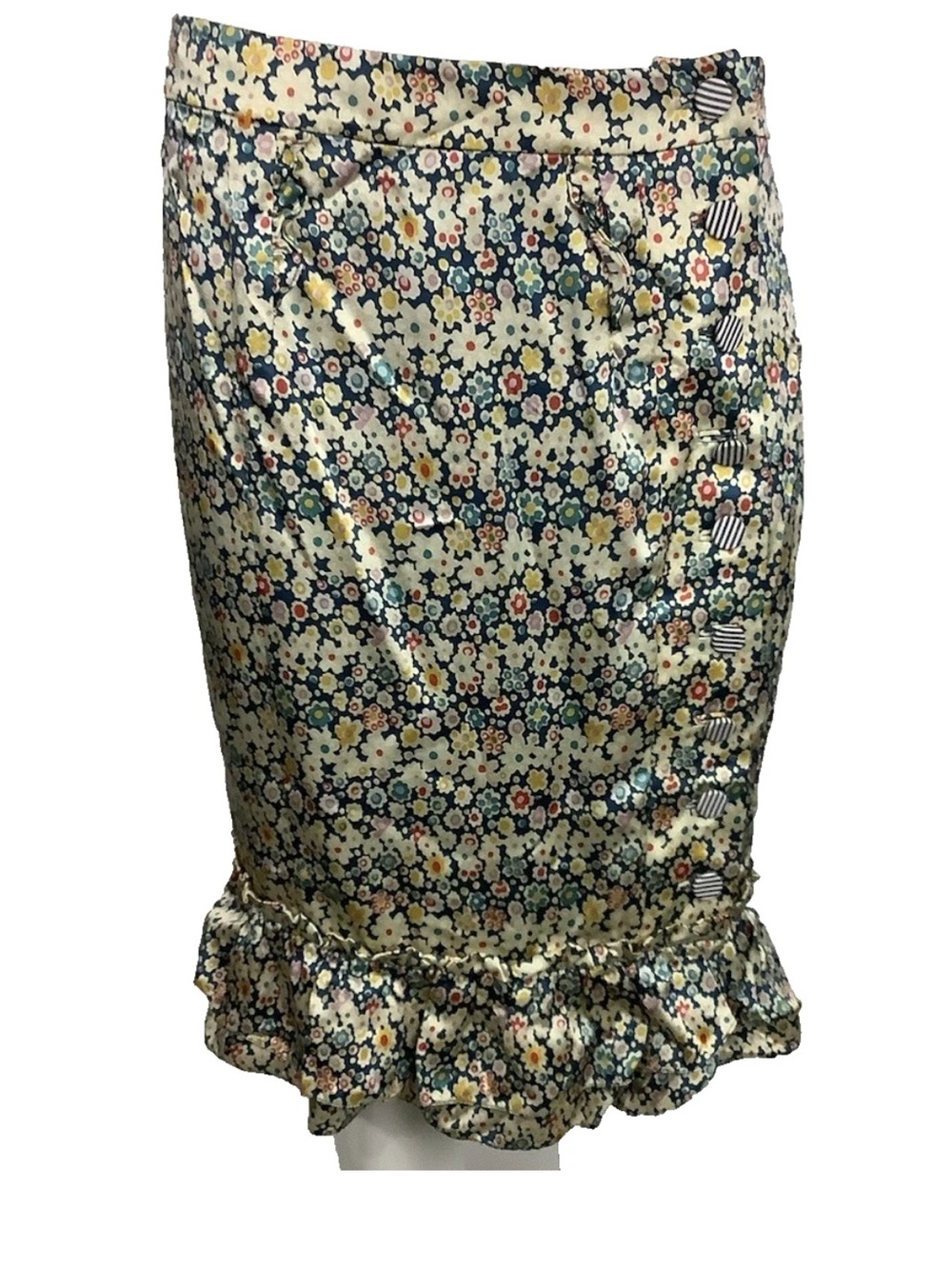 Marc Jacobs Sz 8 100% Silk Satin Ruffle Trim Floral Print A-Line Skirt